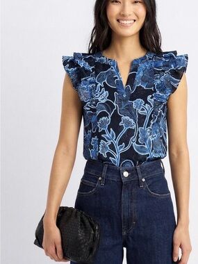 Parker Mindy Top - Navy & Light Blue Floral Ruffle Sleeve Blouse